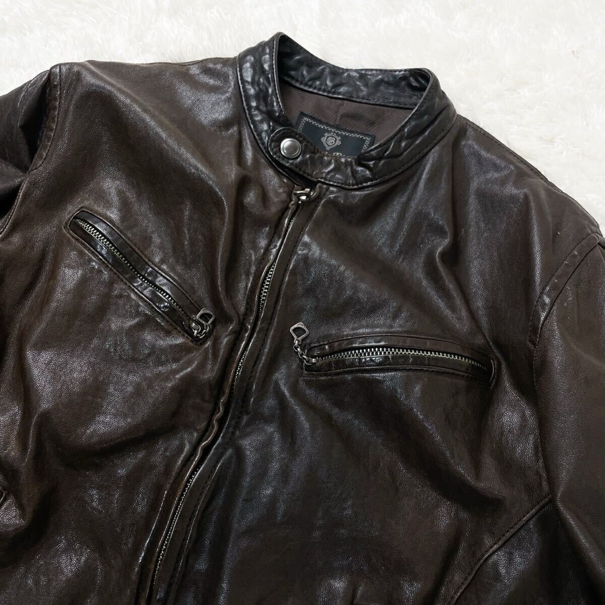 美品!!メンズビギ【漢の戦闘服】MEN'S BIGI ラムレザー 羊革 シープスキンライダースジャケット シワ加工 ラムレザー y2k ブラウン _画像3