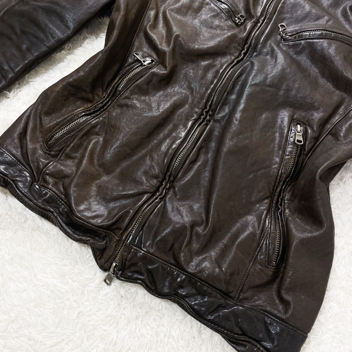 美品!!メンズビギ【漢の戦闘服】MEN'S BIGI ラムレザー 羊革 シープスキンライダースジャケット シワ加工 ラムレザー y2k ブラウン _画像4