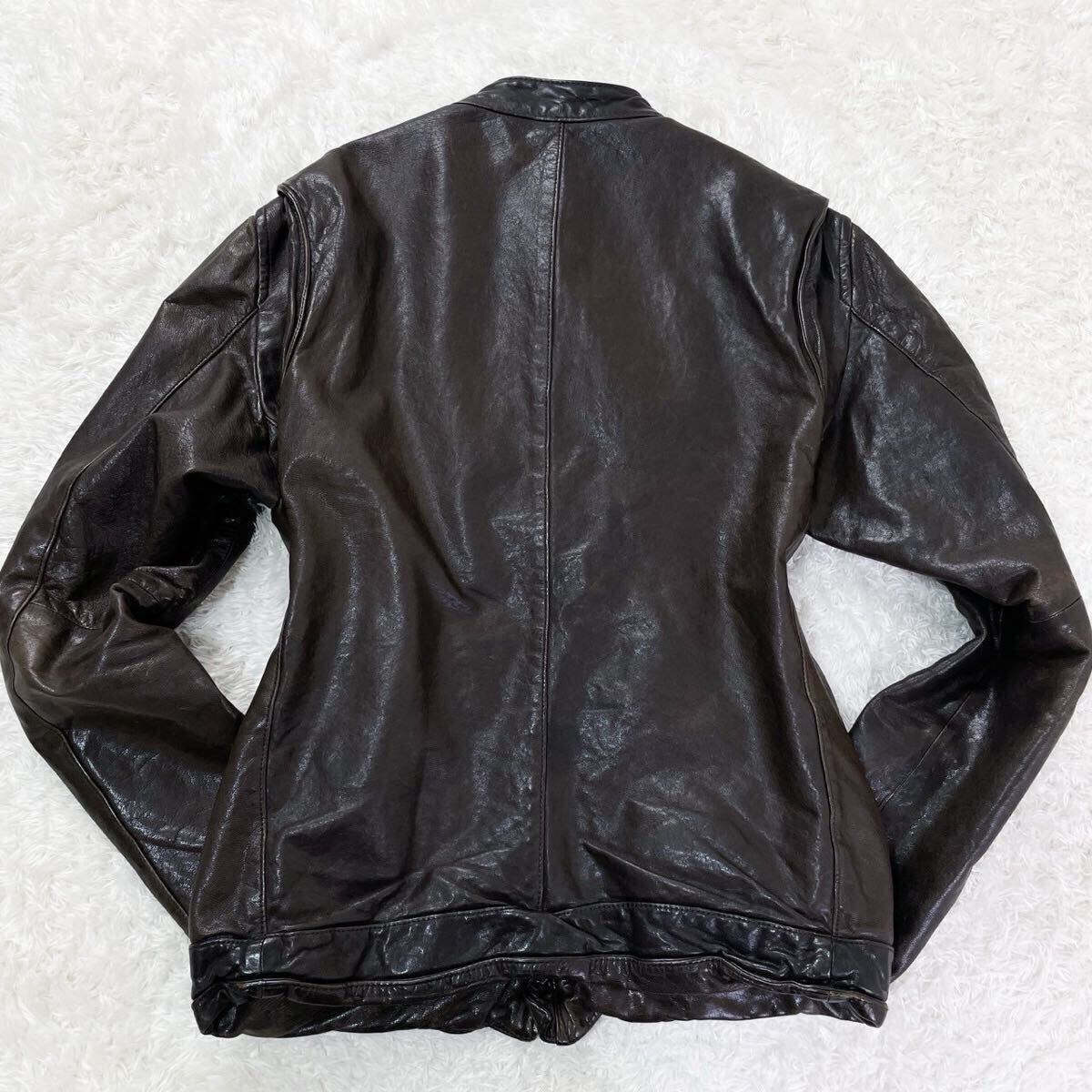 美品!!メンズビギ【漢の戦闘服】MEN'S BIGI ラムレザー 羊革 シープスキンライダースジャケット シワ加工 ラムレザー y2k ブラウン _画像7
