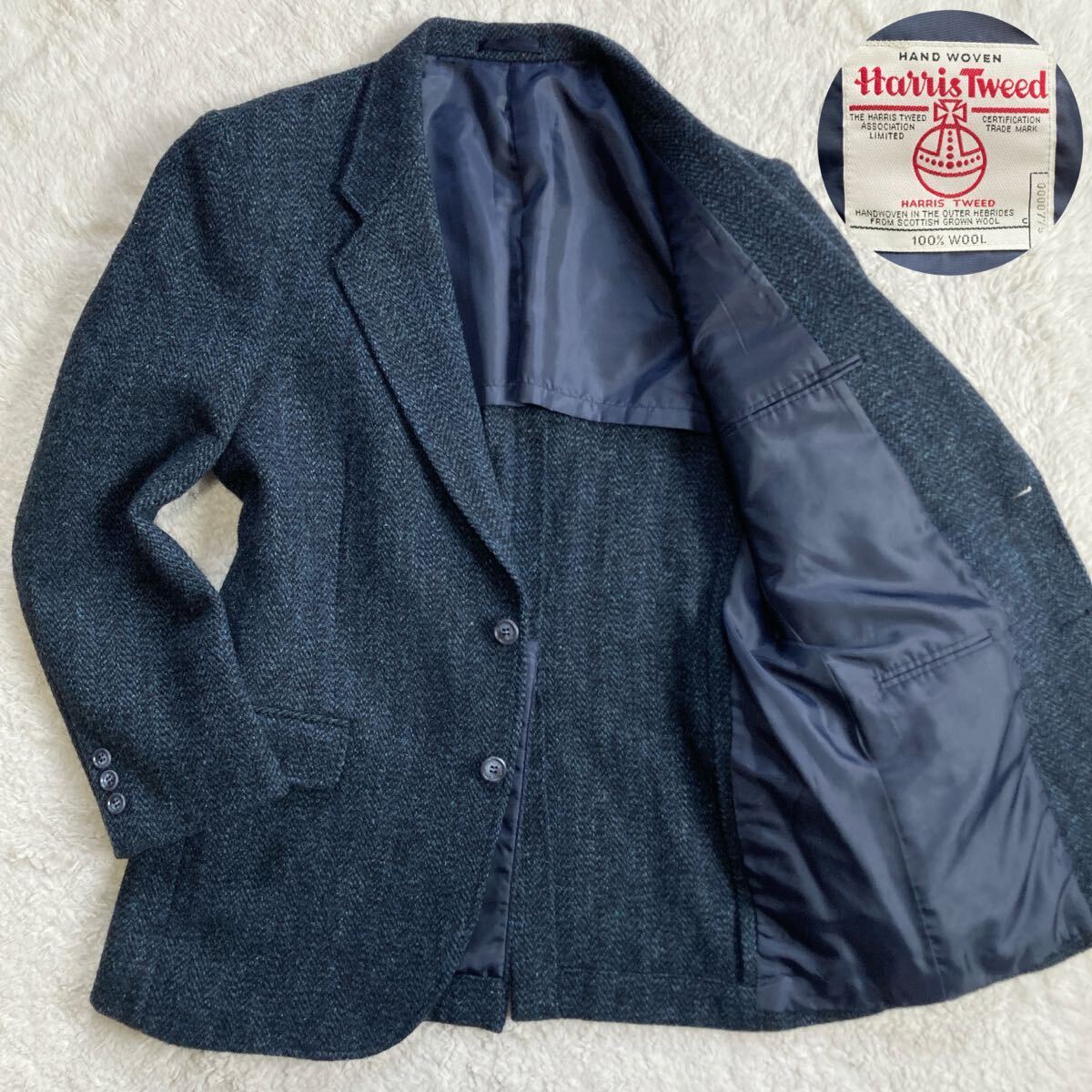 ハリスツイード【極美品 サイズL】Harris tweed テーラードジャケット ブレザー 紺色 ネイビー メランジ ウール 100% メンズ 高級 紳士 A6_画像1
