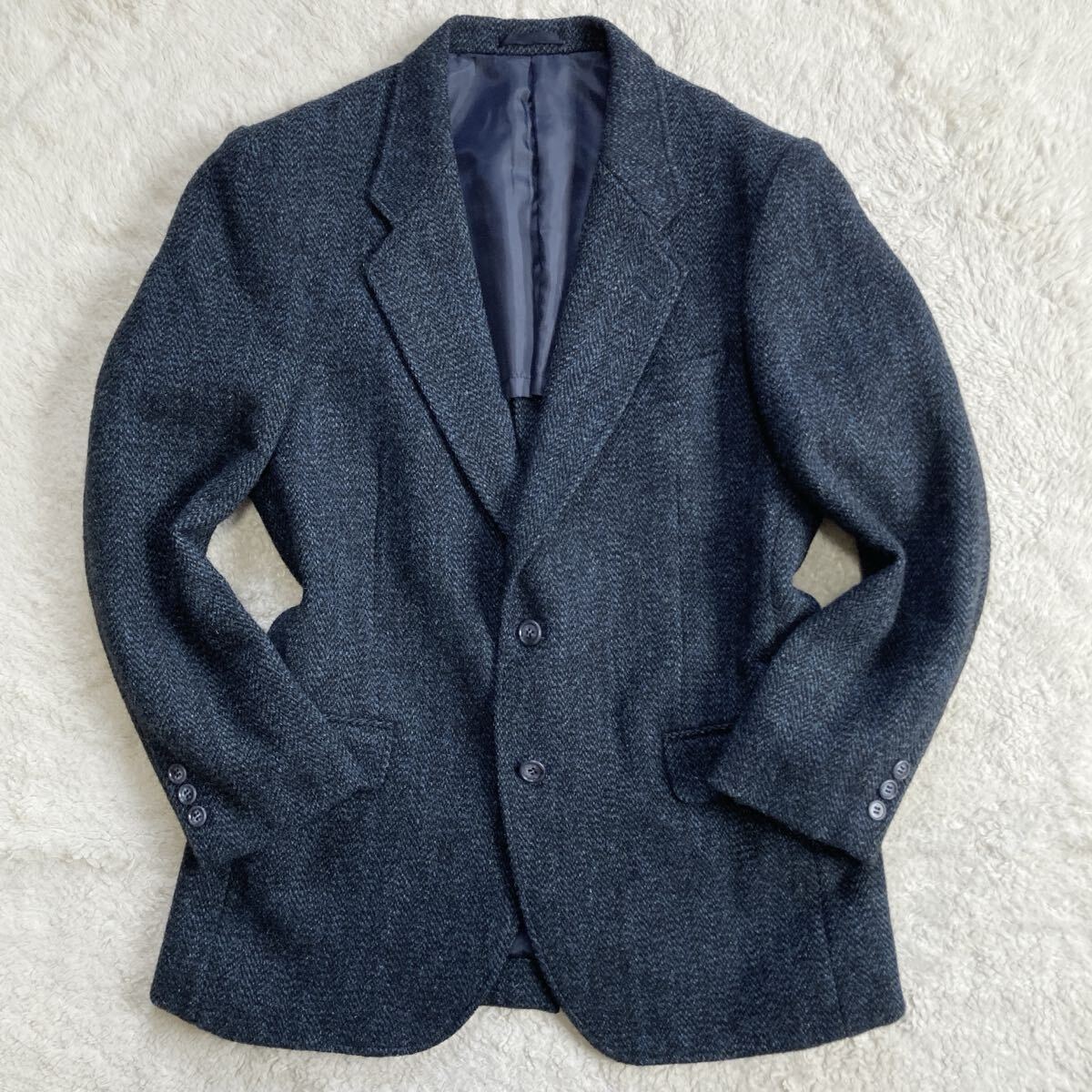 ハリスツイード【極美品 サイズL】Harris tweed テーラードジャケット ブレザー 紺色 ネイビー メランジ ウール 100% メンズ 高級 紳士 A6_画像2