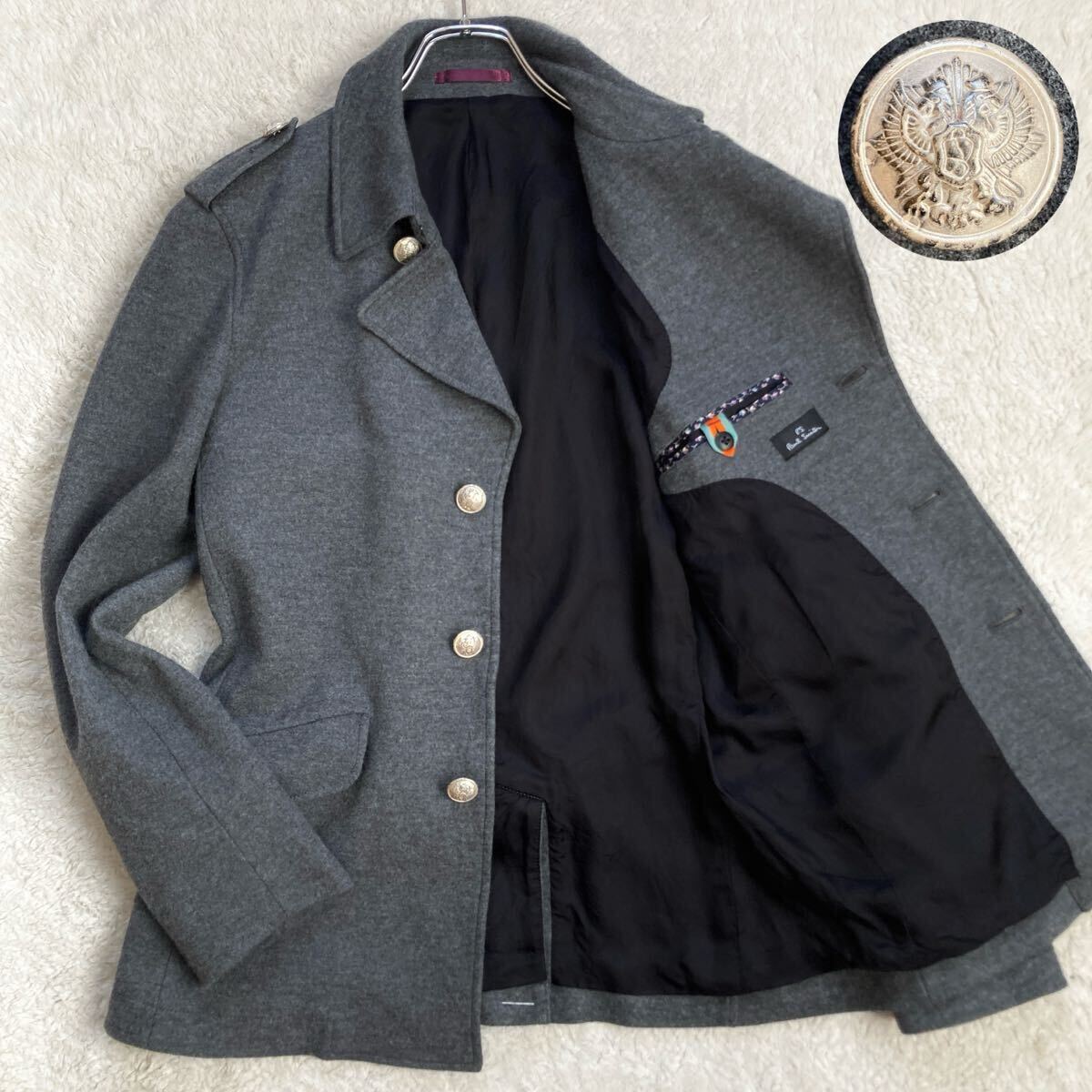 ポールスミス【極美品 サイズL】PS Paul Smith ナポレオンコート ジャケット Pコート ピーコート 銀ボタン 刻印 ウール 100% グレー 花柄_画像1