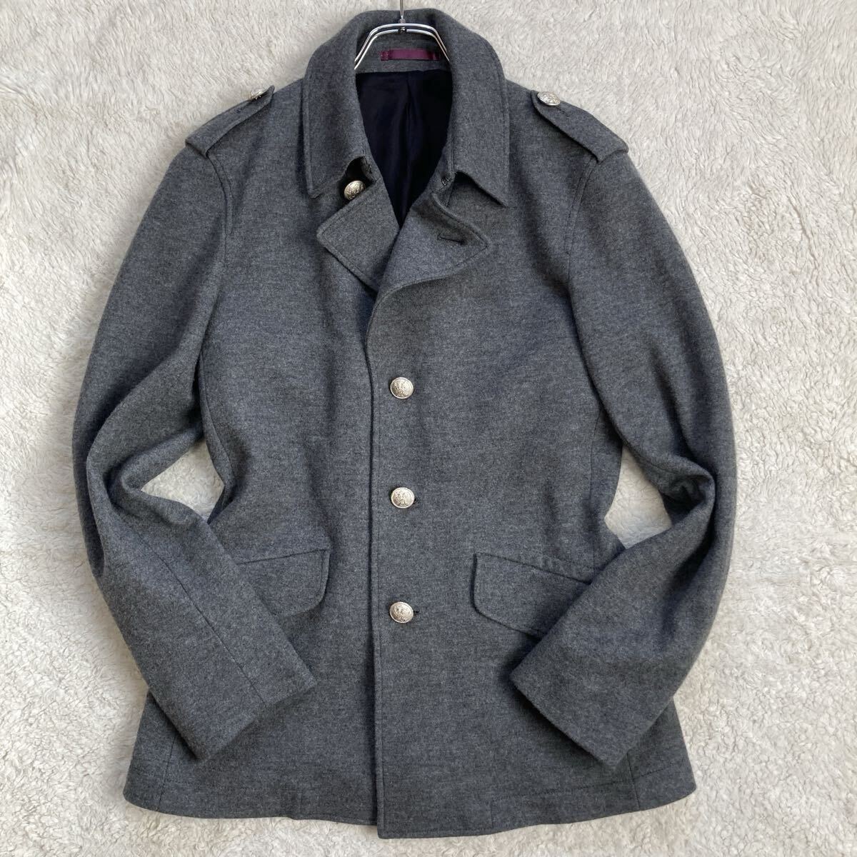 ポールスミス【極美品 サイズL】PS Paul Smith ナポレオンコート ジャケット Pコート ピーコート 銀ボタン 刻印 ウール 100% グレー 花柄_画像2