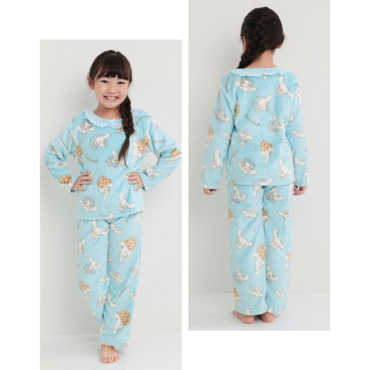 新品64606 シナモロール シナモン 110cm ブルー 丸首長袖ミンクフリースパジャマ上下セット ルームウェア ガールズ キッズ サンリオ暖かい_画像2