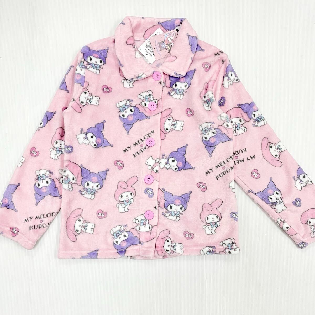 新品64640 マイメロディ&クロミ 130cm ピンク 前開き長袖ミンクフリースパジャマ上下セット ルームウェア ガールズ ジュニア子供_画像3