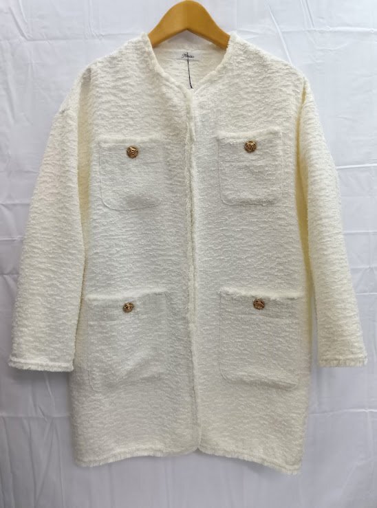 未使用★ジネス◎ツイード ノーカラージャケット 金ボタン コート 38(M)参考価格:19,580円 オフホワイト Jines タグ付き 美品 新品_画像5