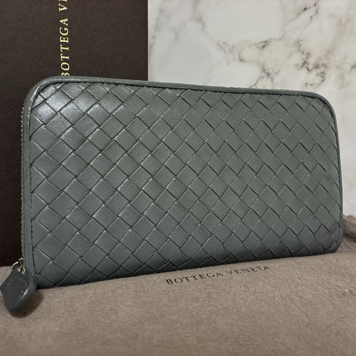 1 иен превосходный товар *BOTTEGA VENETA Bottega Veneta сетка раунд застежка-молния серый серый длинный кошелек кошелек машина f кожа 50