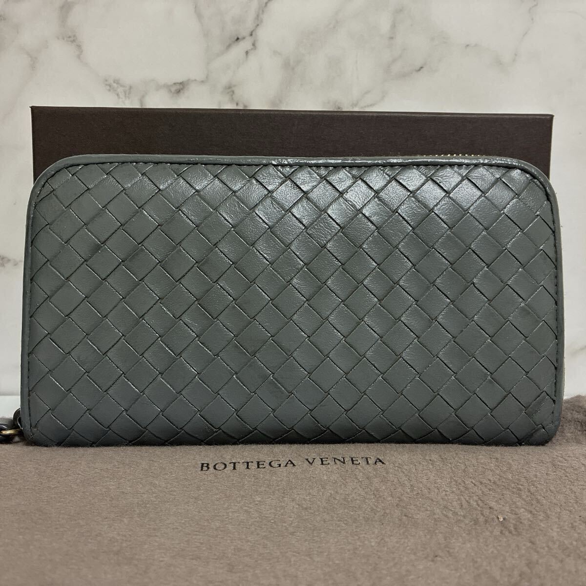 1 иен превосходный товар *BOTTEGA VENETA Bottega Veneta сетка раунд застежка-молния серый серый длинный кошелек кошелек машина f кожа 50