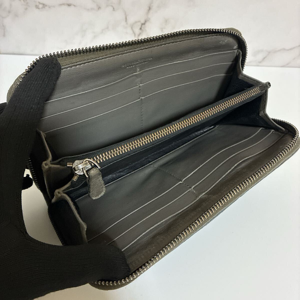 1 иен превосходный товар *BOTTEGA VENETA Bottega Veneta сетка раунд застежка-молния серый серый длинный кошелек кошелек машина f кожа 50