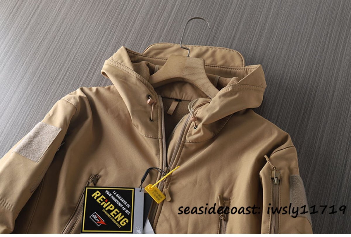 マウンテンパーカー メンズ 裏起毛 フード付き 秋冬 撥水防寒 厚手 裏ボア フリースジャケット アウトドア アウター ブルゾン カーキ XL_画像2