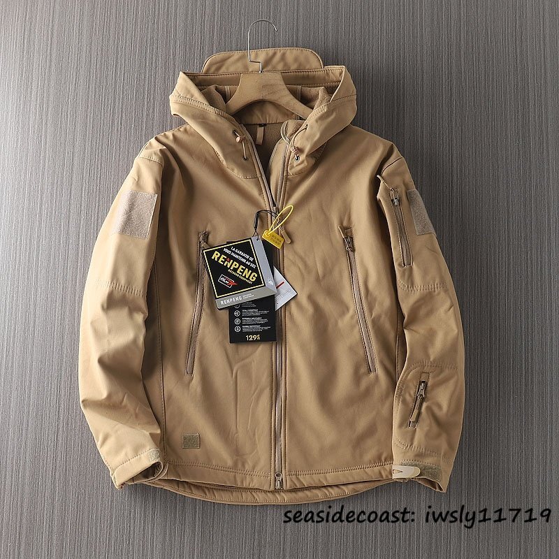 マウンテンパーカー メンズ 裏起毛 フード付き 秋冬 撥水防寒 厚手 裏ボア フリースジャケット アウトドア アウター ブルゾン カーキ XL_画像1