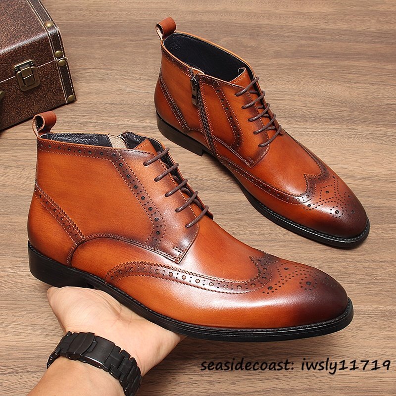  высший класс * кожа ботинки короткие сапоги натуральная кожа Martin ботинки ручная работа резьба по дереву высококлассный телячья кожа Англия способ кожа обувь джентльмен обувь телячья кожа Brown 27.5cm