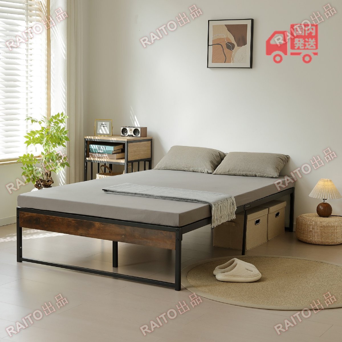 【翌日発送】ベッドフレーム パイプベッド セミダブル SD ベッド パイプ+木 シングルベッド ダブルベッド 木製 パイプフレーム 組立品hw068_画像1