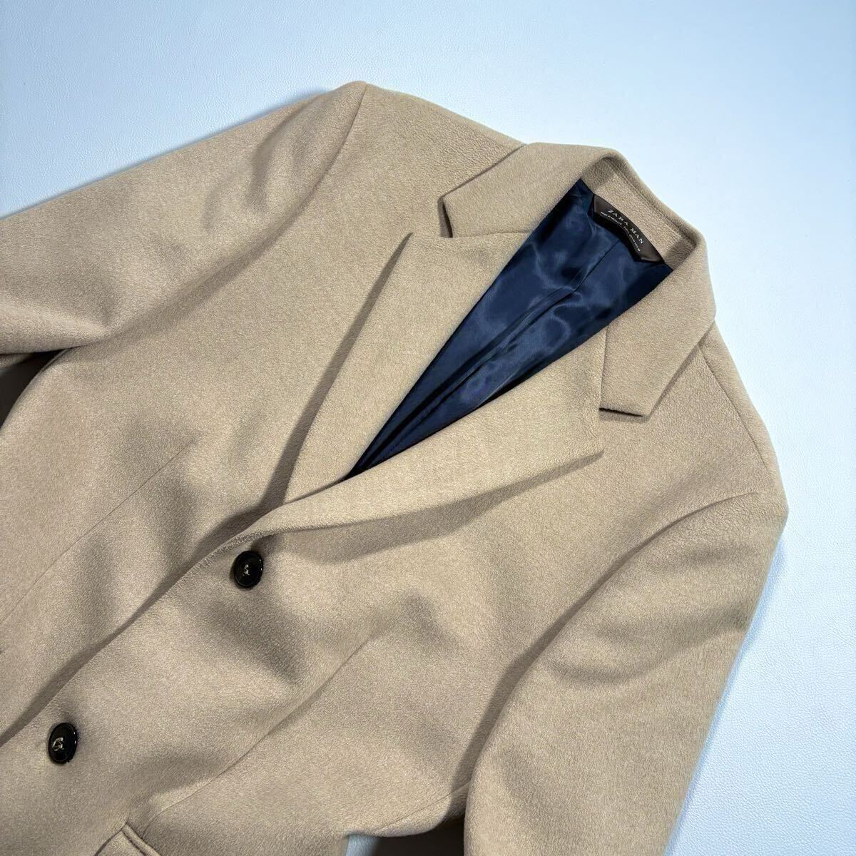 未使用級!! 着丈99cm 人気 ベージュカラー!! ザラマン ZARA MAN 極暖 ストレッチ チェスターコート ロングコート メンズ コート 伸縮 秋冬_画像3