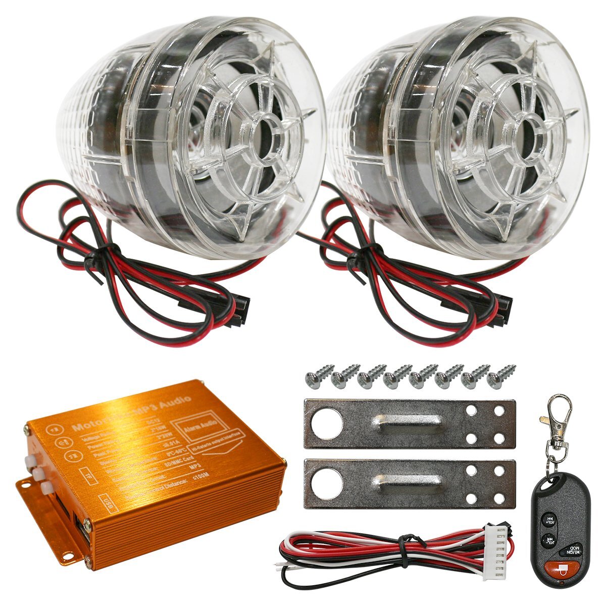 バイク用 スピーカー セキュリティー付き MP3プレーヤー LED クリア レッド/グリーン/ブルー点灯 アンプ 12V 防犯ブザー 盗難_画像1