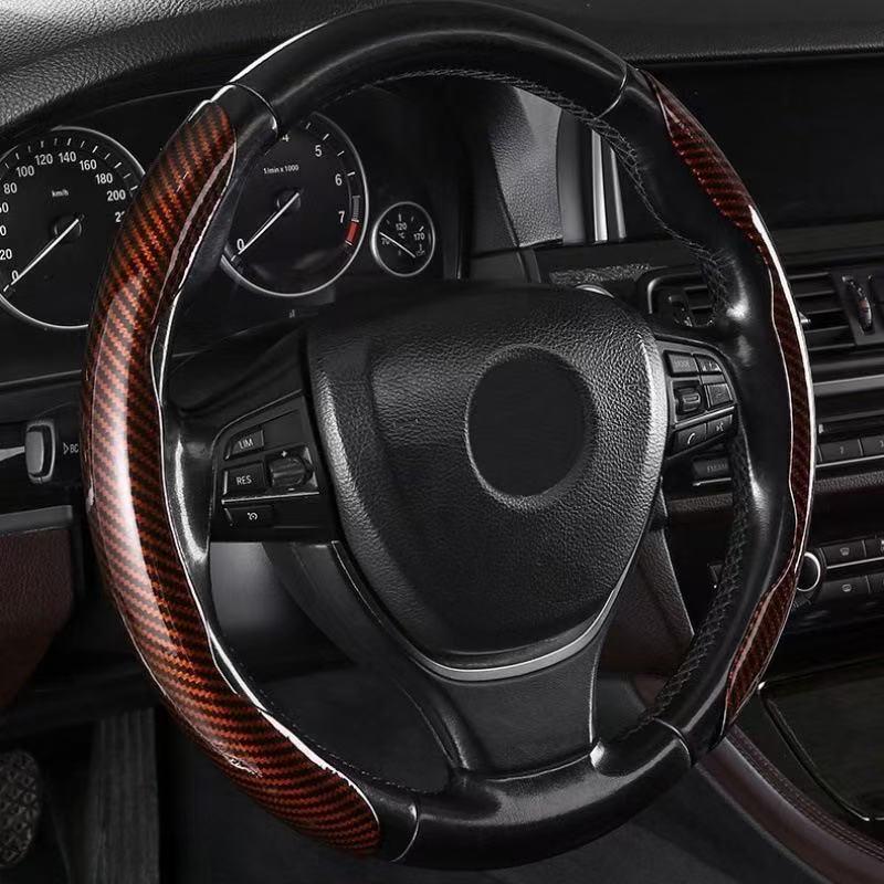 ハンドルカバー クイックカーボン 取付簡単 ノンスリップ ブラウン ステアリンカバー 保護カバー_画像1