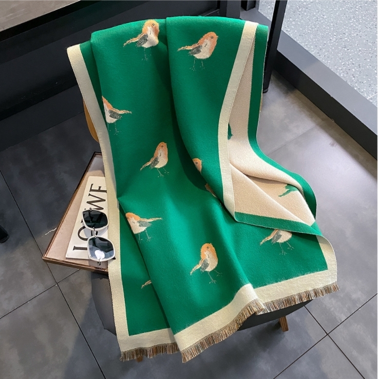 2025新作～上質 大判 上品エレガント　厚手 通勤防寒　カシミヤ　リバーシブル仕様　ストール　小鳥～イエロー_画像10