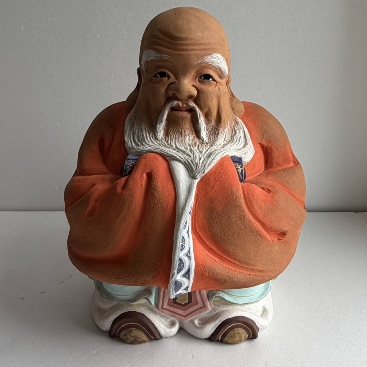 【和美】惺斎書付 伏見焼 福禄寿置物 高さ31cm 木箱 座布団付 本物保証_画像2