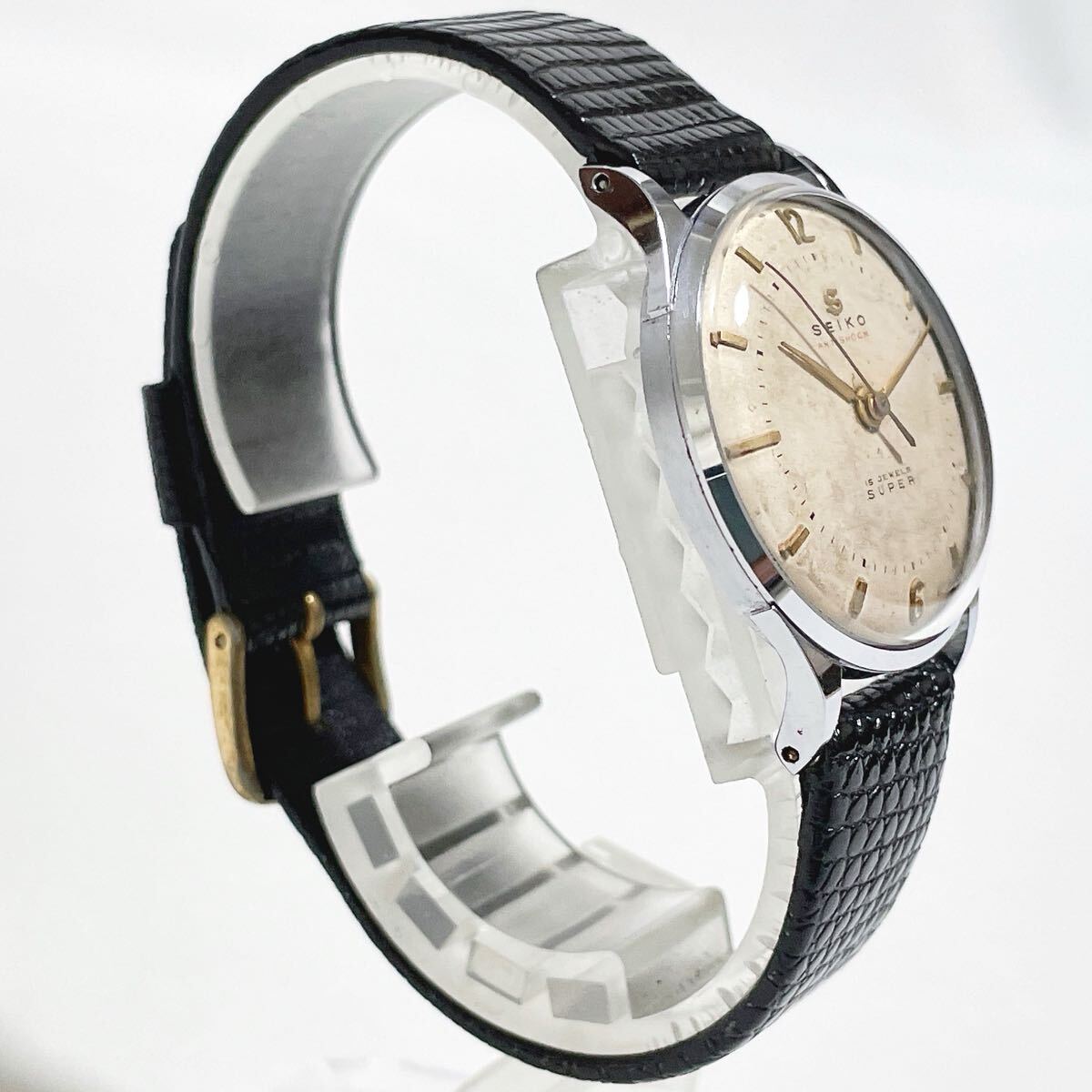 希少!稼働品 精工舎 SEIKO SUPER セイコー スーパー 17石 高級赤金機械 1950年代 飛び数字文字盤 手巻 腕時計 鶴マーク 蛇S 内部写真有り_画像4