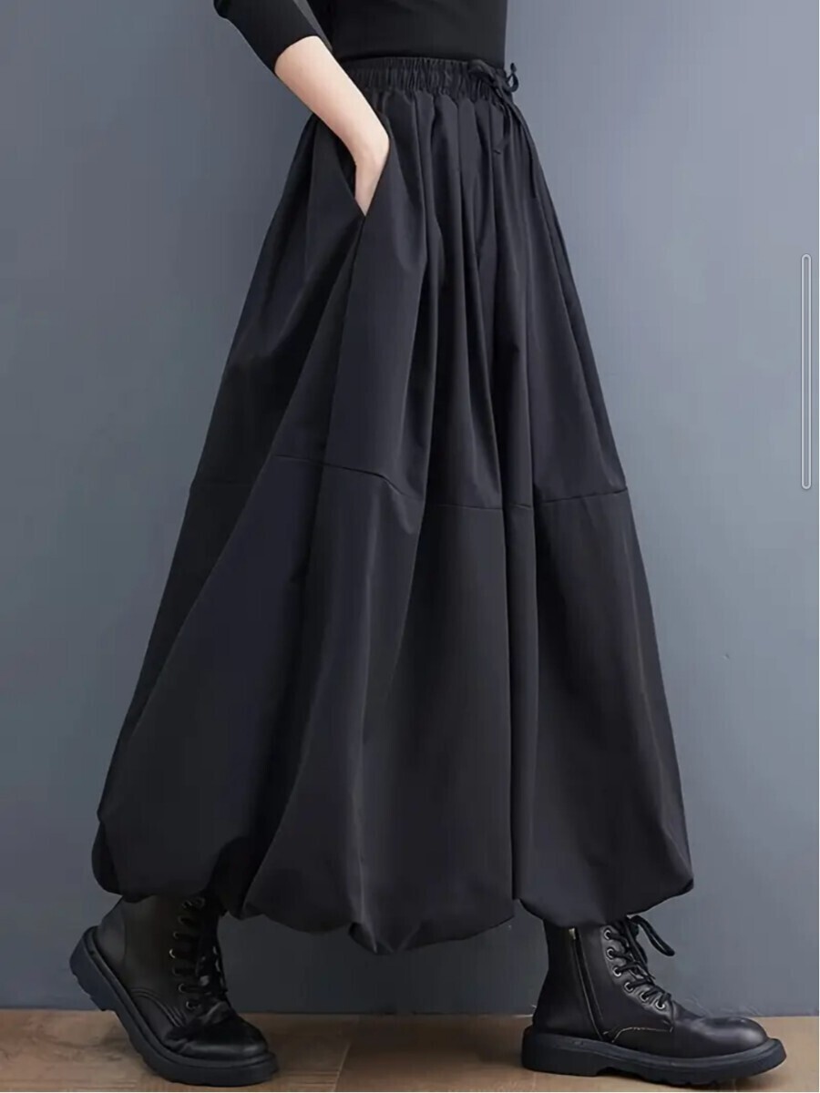 XXL ハイウエスト バルーンスカート エレガント ミディスカート バブルスカート ロングスカート Aライン ブラック 黒_画像1