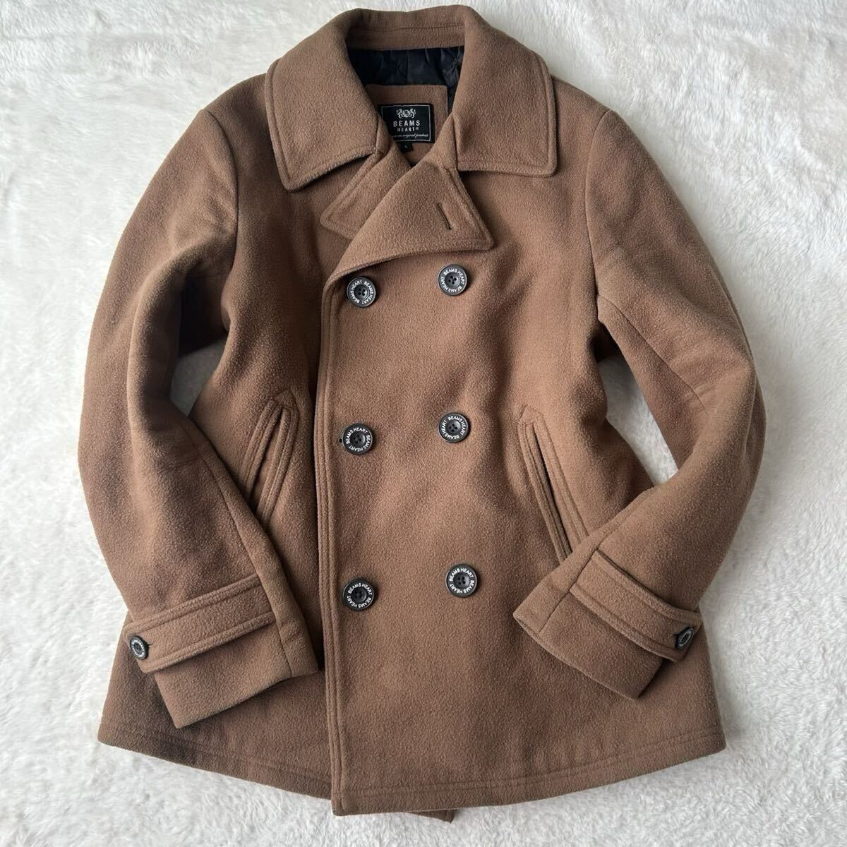 BEAMS HEART ビームスハート ピーコート メルトンウール 裏地キルティング 中綿 キャメル ブラック 防寒 秋冬 ダブル Pコート メンズ L_画像2