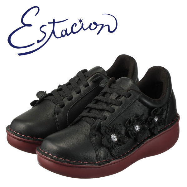 送料300円(税込)■mb253■エスタシオン 牛革シュリンク型押し 軽量ゴムレースシューズ M/23-23.5cm相当 18700円相当【シンオク】_画像1
