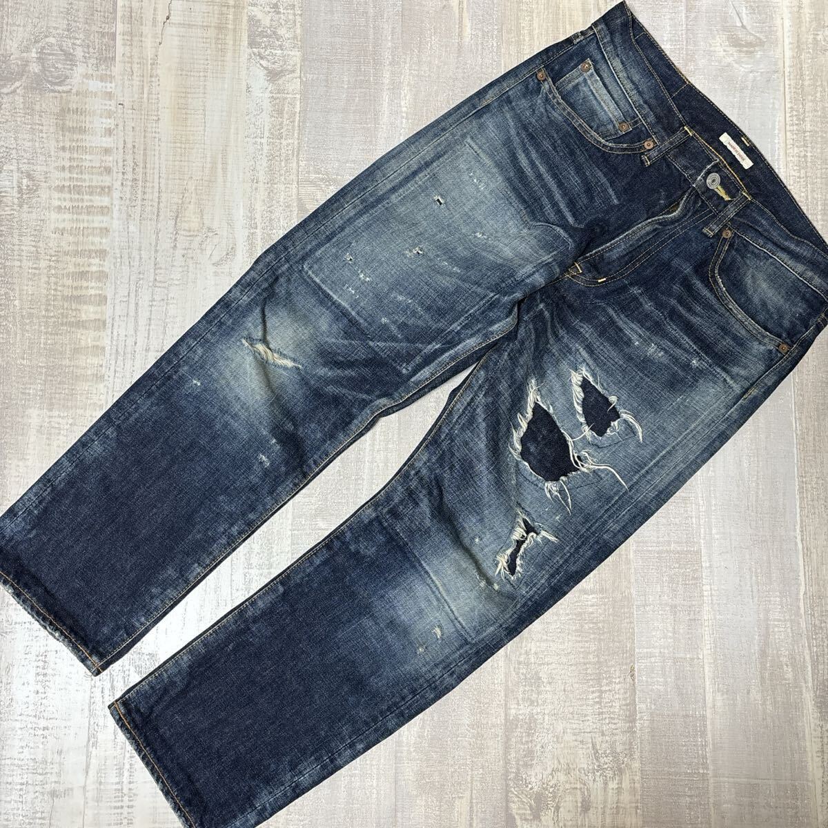 【日本製 W30 ユーズド ダメージ加工】ETERNAL 52023 クラッシュ リペア デニム パンツ エターナル 備中倉敷工房 M相当 ヴィンテージ加工_画像2