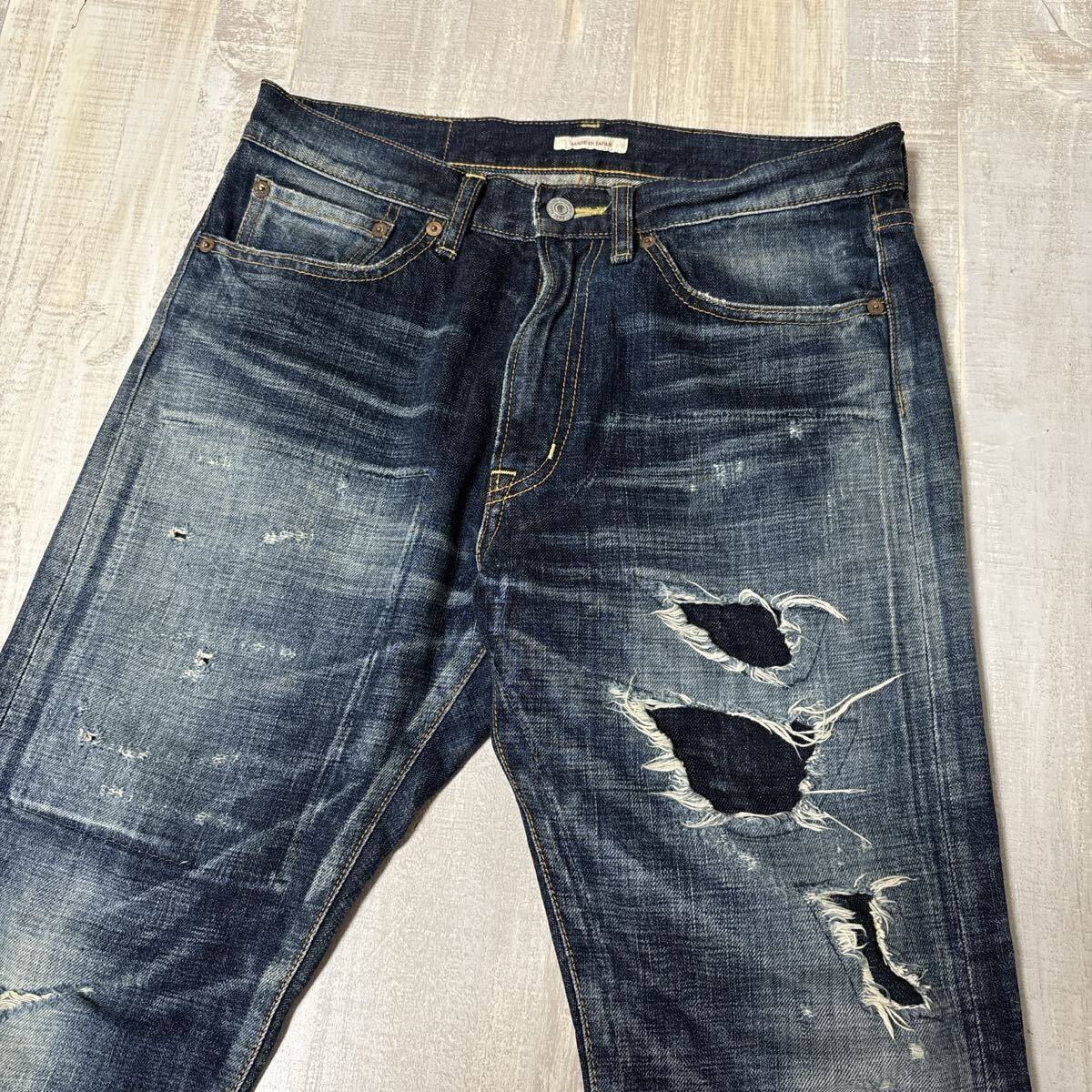 【日本製 W30 ユーズド ダメージ加工】ETERNAL 52023 クラッシュ リペア デニム パンツ エターナル 備中倉敷工房 M相当 ヴィンテージ加工_画像7