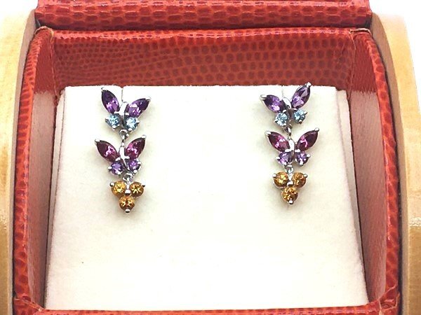 Gemtique Swiss ジェムティーク スイス●ピアス 14K 金 バタフライ 蝶 モチーフ 3連/ホワイトゴールド×マルチカラー/1円スタート/AY_画像2