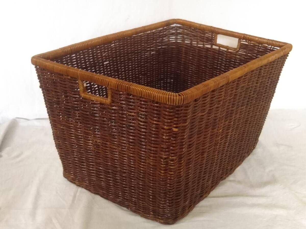 ★編みかご バスケット 収納ボックス W51.5×D37×H28cm ダークブラウン 取っ手穴付き ベトナム製 現状渡し_画像1