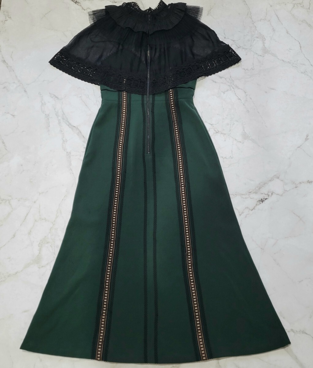 self-portrait セルフポートレイト ロングワンピース レース フリル フレア ケープ グリーン×ブラック Sサイズ オケージョン 結婚式_画像5