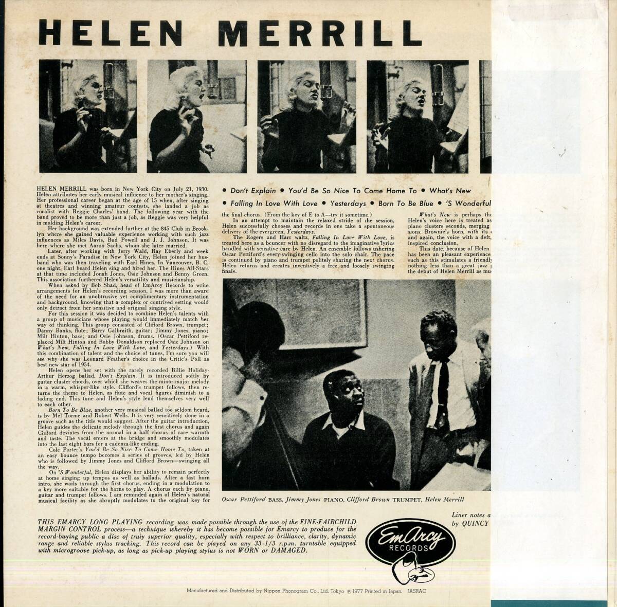 A00617388/LP/ヘレン・メリル with クリフォード・ブラウン「Helen Merrill with Clifford Brown (1977年・SFX-10503・ヴォーカル・クー_画像2