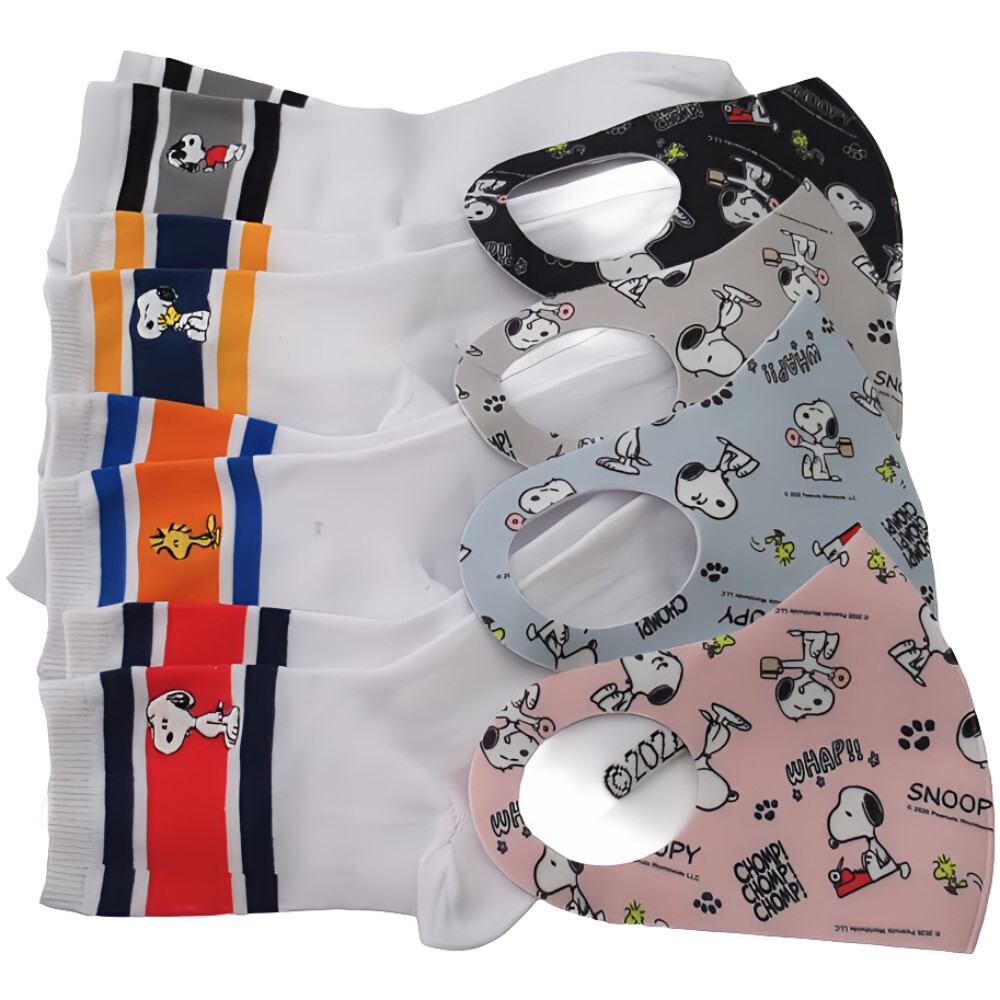 スヌーピー刺繍 柄ソックス 4足セット+スヌーピー 柄マスク 4枚セット レディース ガール size 約20-24cm 綿混素材 SNOOPY_画像2