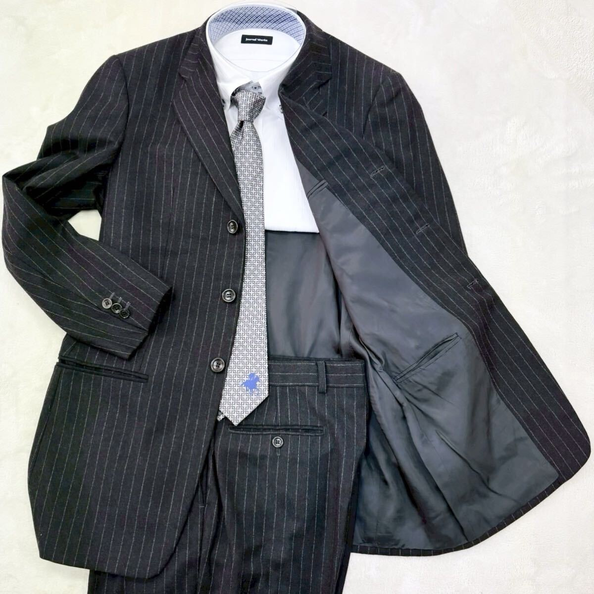 1円〜 【美品】アルマーニ ARMANI スーツ セットアップ ストライプ グレー 3B ウール カシミヤ混 総裏地 46R/S ジャケット イタリア製_画像1