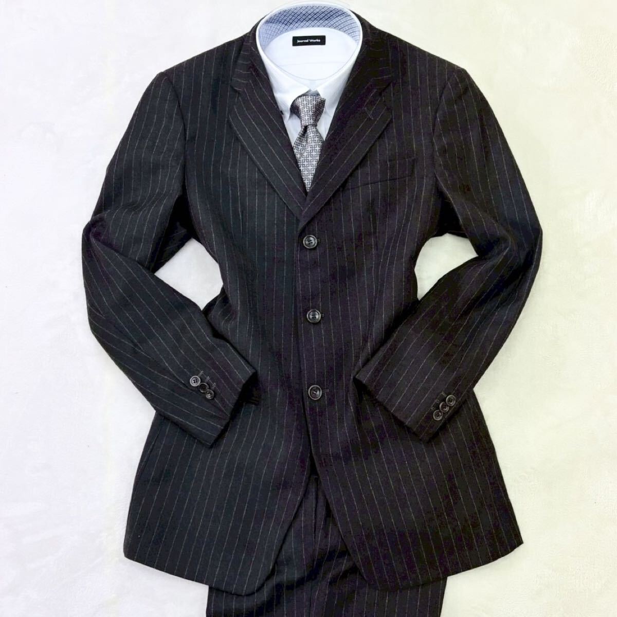 1円〜 【美品】アルマーニ ARMANI スーツ セットアップ ストライプ グレー 3B ウール カシミヤ混 総裏地 46R/S ジャケット イタリア製_画像2