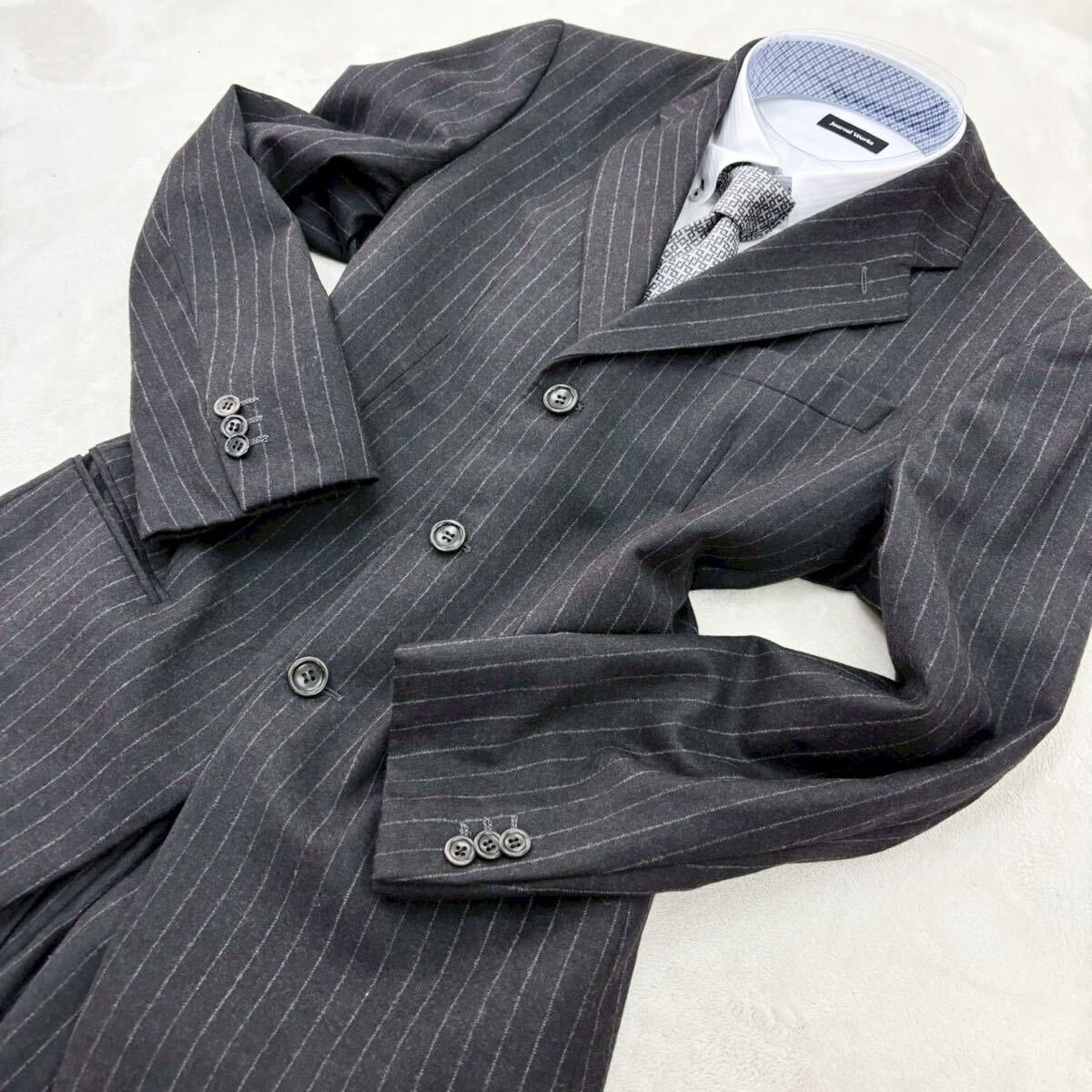 1円〜 【美品】アルマーニ ARMANI スーツ セットアップ ストライプ グレー 3B ウール カシミヤ混 総裏地 46R/S ジャケット イタリア製_画像3
