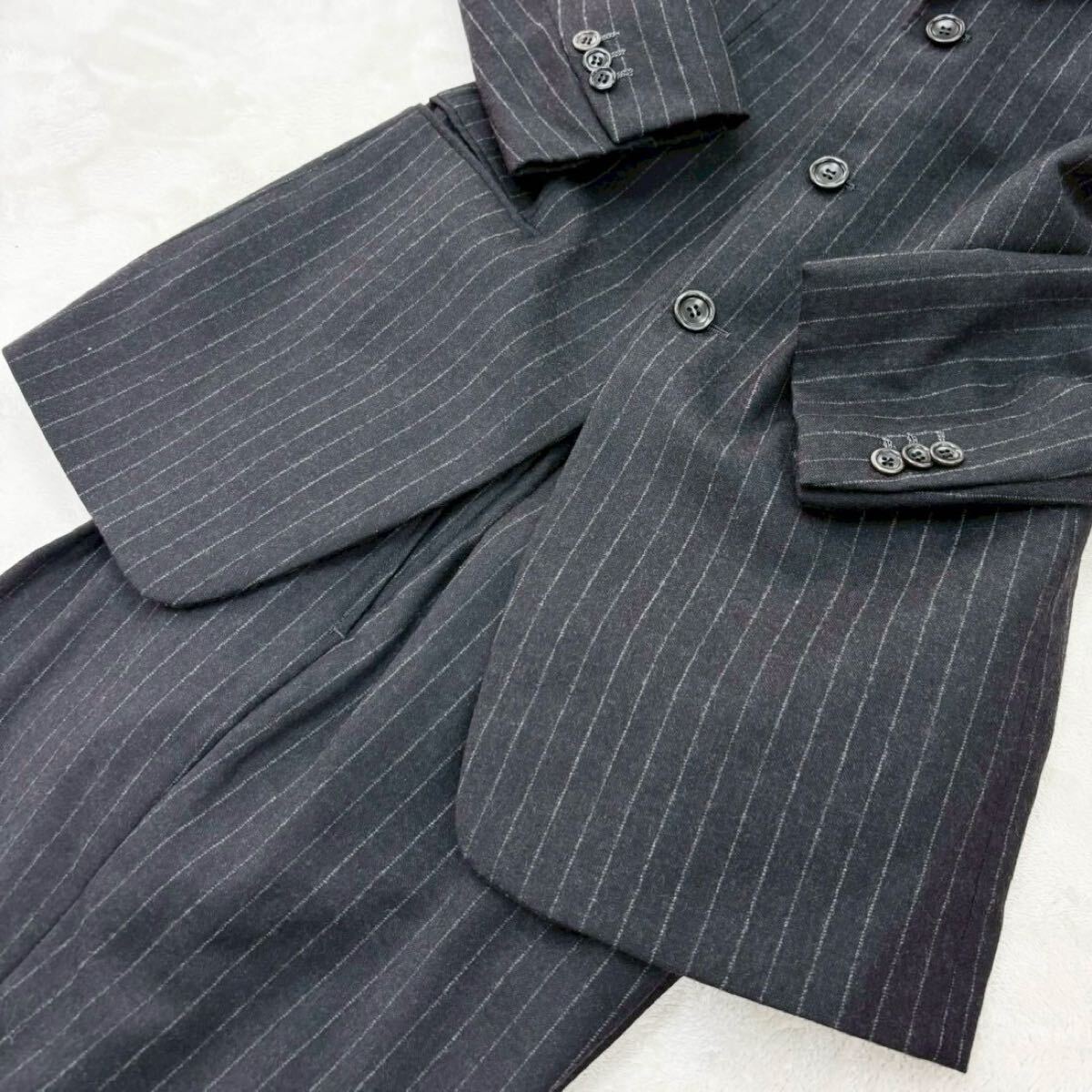 1円〜 【美品】アルマーニ ARMANI スーツ セットアップ ストライプ グレー 3B ウール カシミヤ混 総裏地 46R/S ジャケット イタリア製_画像4