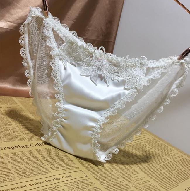 150(WH)XLサテン 光沢 レース 花刺繍 パンティー アイス シルク 紐パン サイドリボン セクシー ショーツ ランジェリー コスチューム AA_画像1