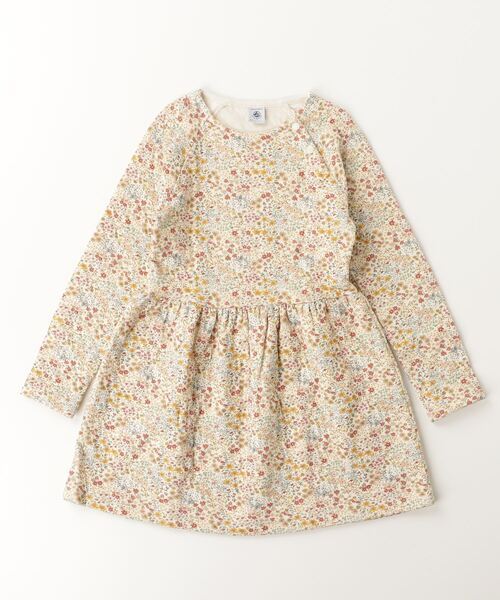 「PETIT BATEAU」 「KIDS」花柄長袖ワンピース 140cm ベージュ キッズ_画像1