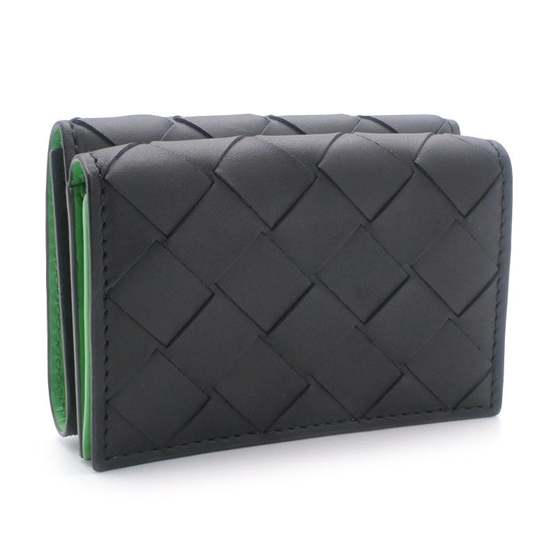 ボッテガヴェネタ イントレチャート タイニー 三つ折りウォレット ブラック グリーン 3つ折り財布 ミニ財布 コンパクト財布 中古 送料無料_画像1