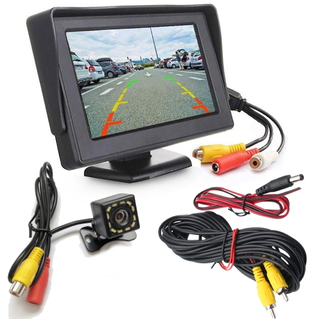 4.3インチ液晶モニター小型12LED付バックカメラセット 2系統入力カメラ連動オンダッシュモニター/高画質防水リア広角カメラ/配線フルキット_画像1
