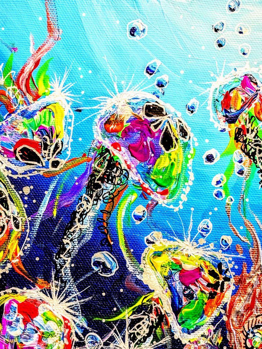 【新藤淑子】真作保証。１点物。原画。絵画。直筆サイン。キャンバスＦ３号。アクリル画。風景画。【クラゲの天使】_画像7