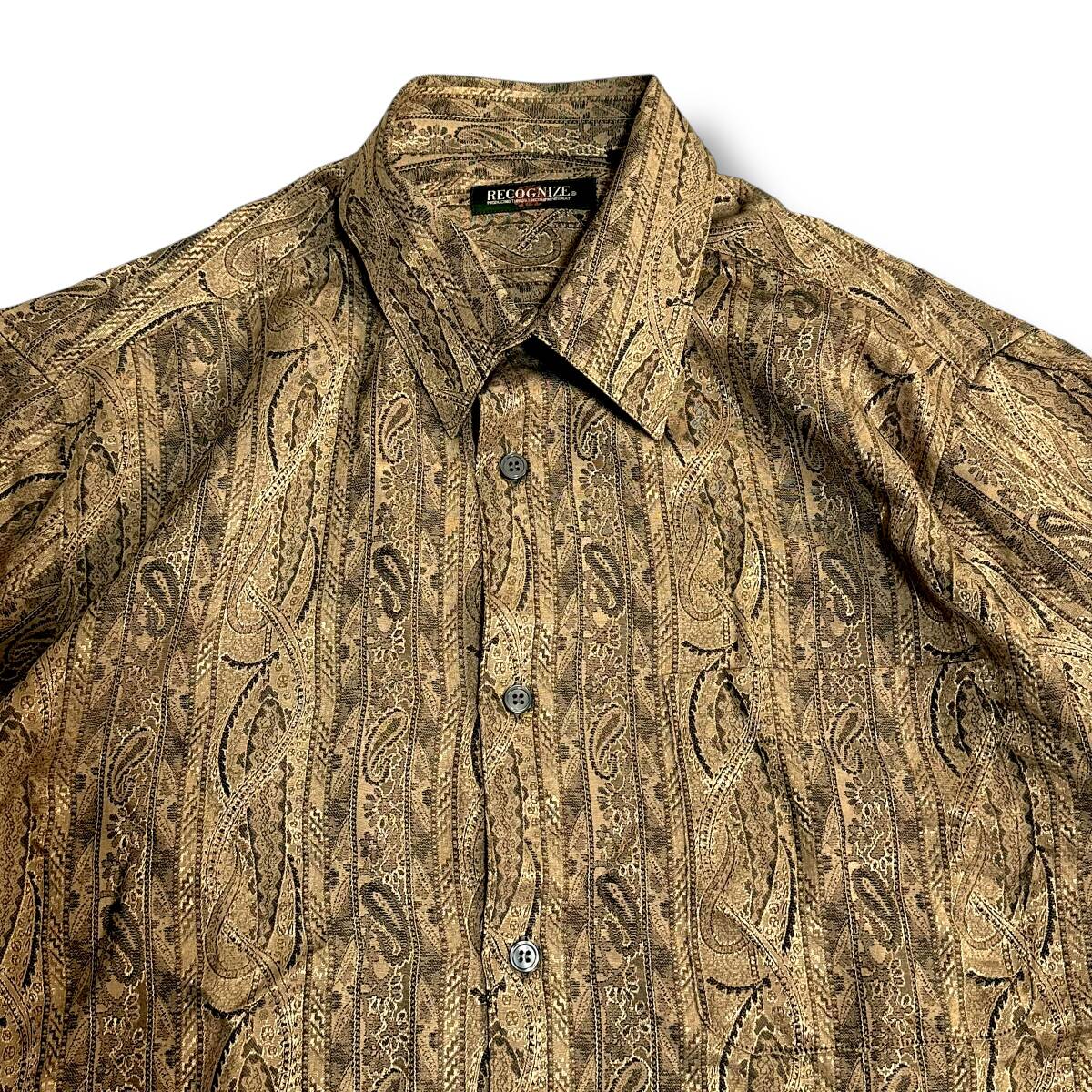 貴重 秀逸【RECOGNIZE】VINTAGE 90s~ ペイズリー柄 ジャガードデザイン ビンテージポリシャツ ラグジュアリー レトロ古着 ゴールド系_画像5