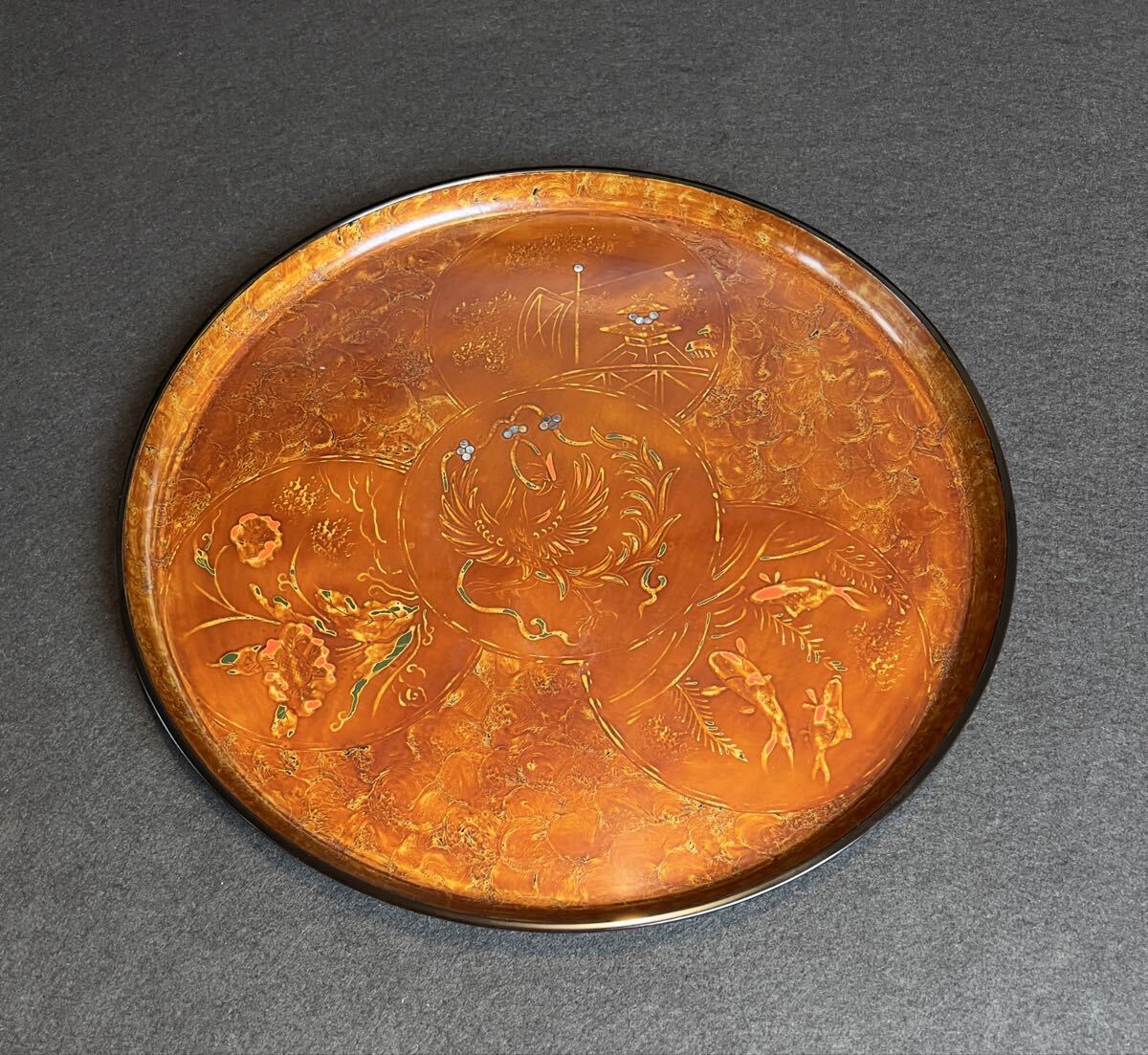 【輪島塗】堆朱 螺鈿 丸盆 煎茶道具 未使用 天然木製 直径約38cm 漆器 _画像1