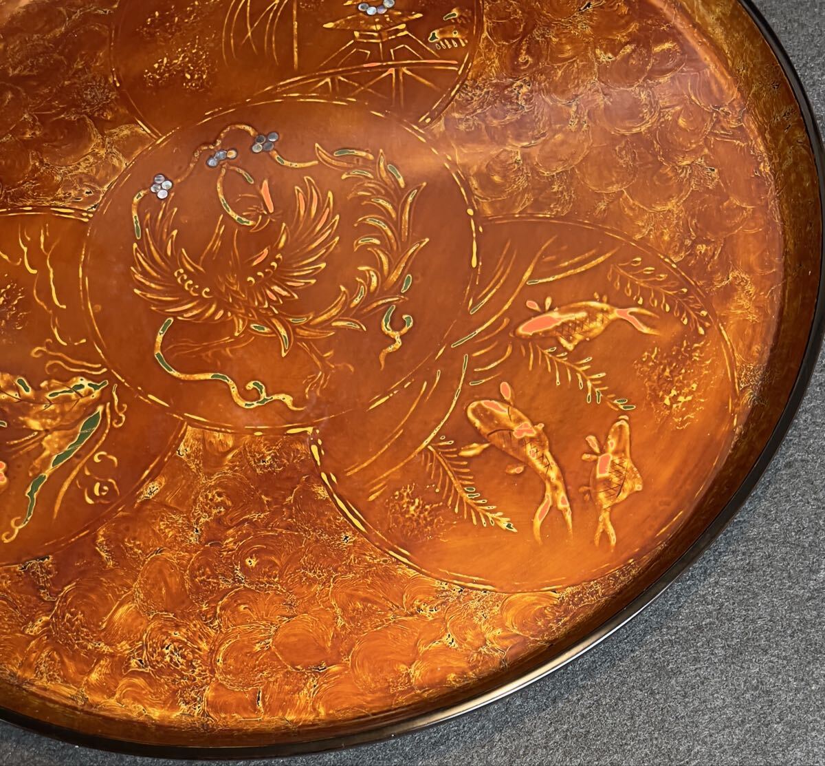 【輪島塗】堆朱 螺鈿 丸盆 煎茶道具 未使用 天然木製 直径約38cm 漆器 _画像4