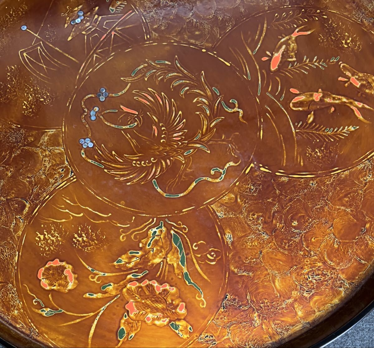 【輪島塗】堆朱 螺鈿 丸盆 煎茶道具 未使用 天然木製 直径約38cm 漆器 _画像2