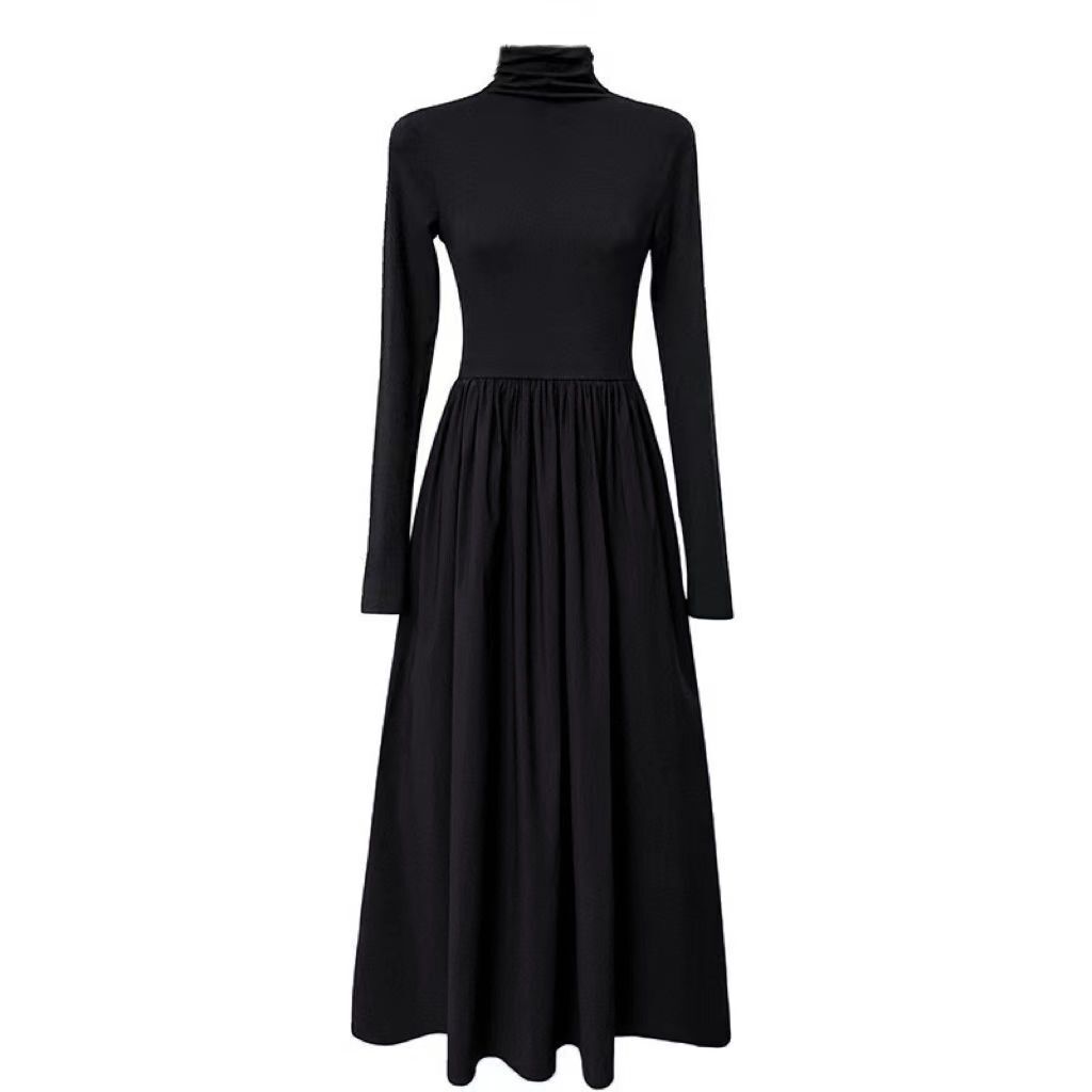 ★新品★ハイネック ロングワンピース 長袖 フレア Aライン ブラック シンプル エレガント 秋冬コーデ 通勤通学 韓国ファッション 着痩せ L_画像2