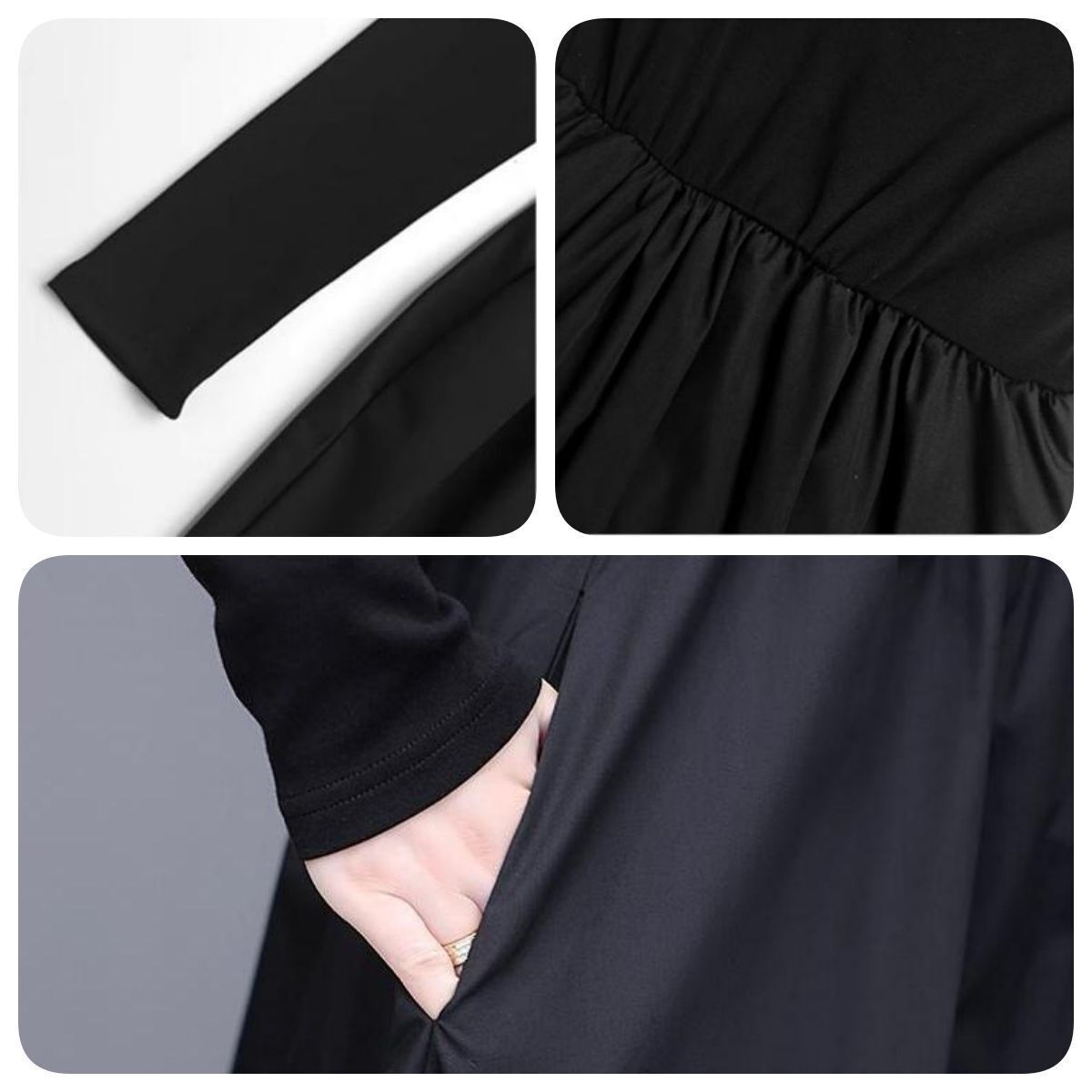 ★新品★ハイネック ロングワンピース 長袖 フレア Aライン ブラック シンプル エレガント 秋冬コーデ 通勤通学 韓国ファッション 着痩せ L_画像7