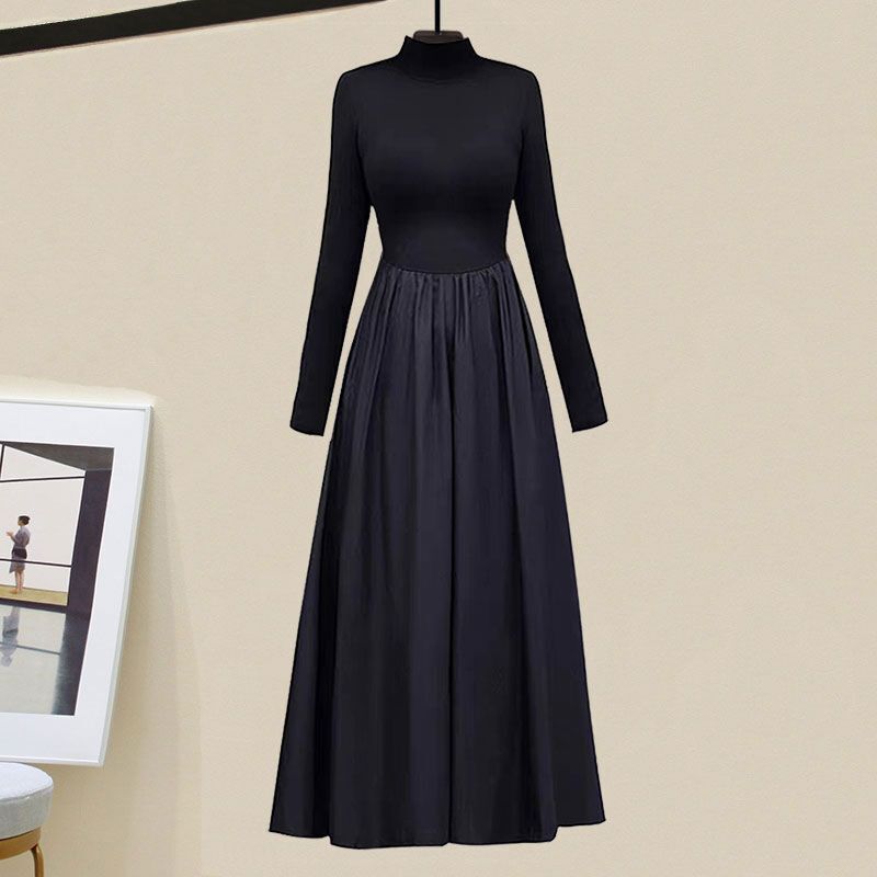 ★新品★ハイネック ロングワンピース 長袖 フレア Aライン ブラック シンプル エレガント 秋冬コーデ 通勤通学 韓国ファッション 着痩せ L_画像6