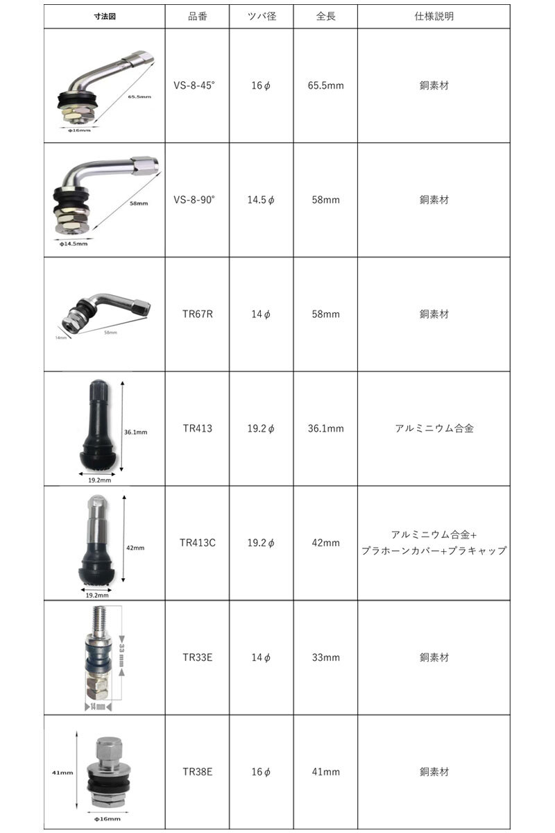 新品 エアバルブ エアーバルブ ゴムバルブ クランプインバルブ インサイドバルブ ホイール用 消耗品 自動車 バイク 4個セット 選べるタイプ_画像2